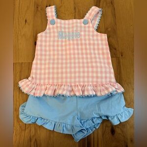 Stitchy fish Maggie” Pink Gingham Ruffle Top and Blue Shorts Set 24 months NWOT